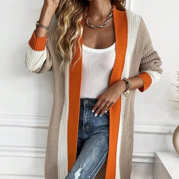 Multicolor Casual Womens Color Block Open Front Cardigan - Picture 2 of 6